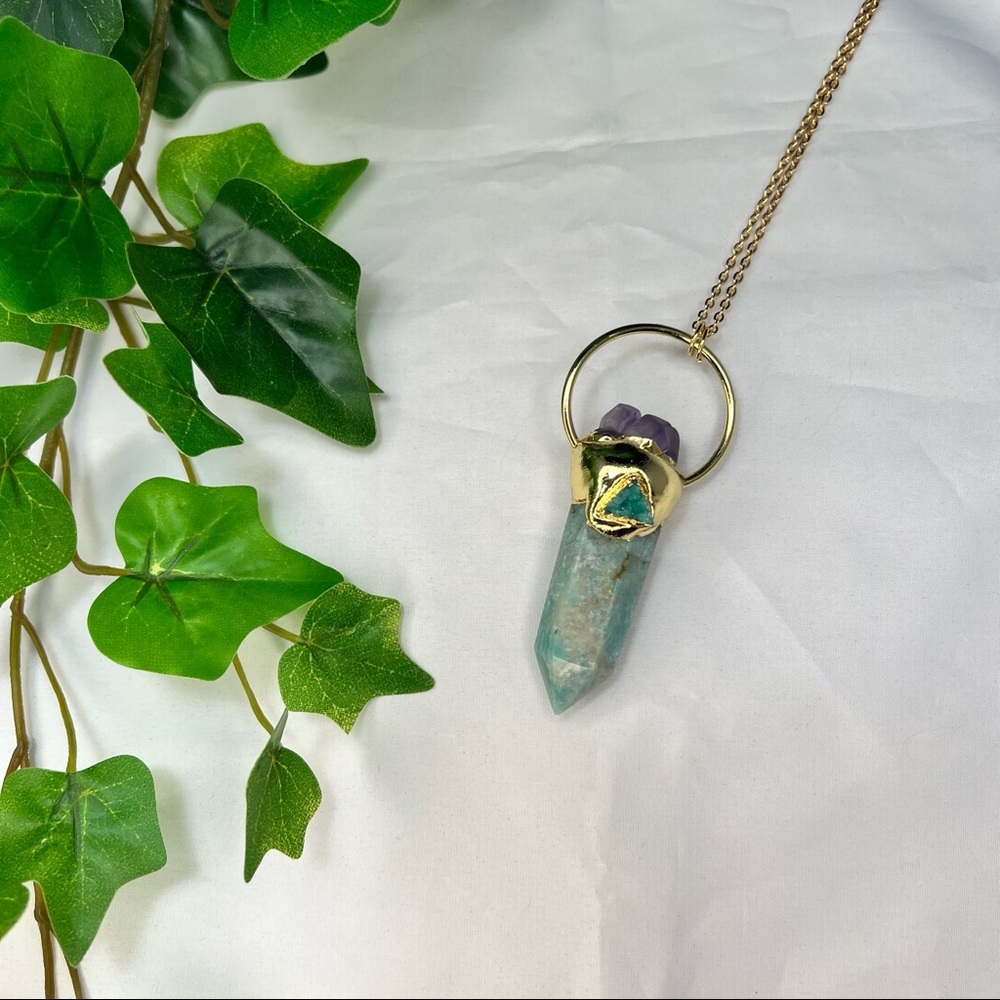 Gold Electroformed Amazonite & Amethyst Crystal Point Necklace